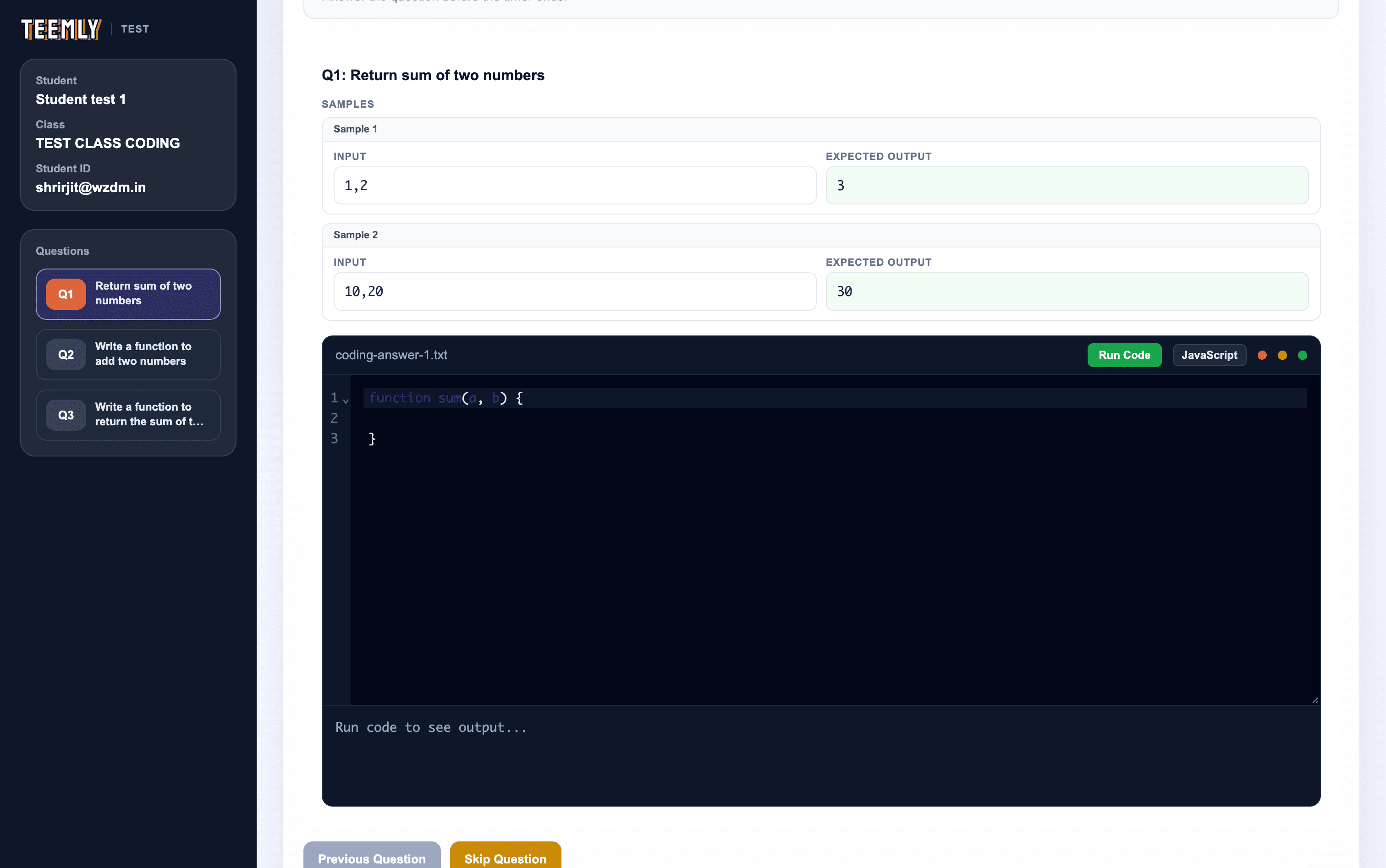A coding question open in the browser: sample inputs beside the output each is expected to produce, a code editor with a Run Code button, and an output panel waiting for the student to run it