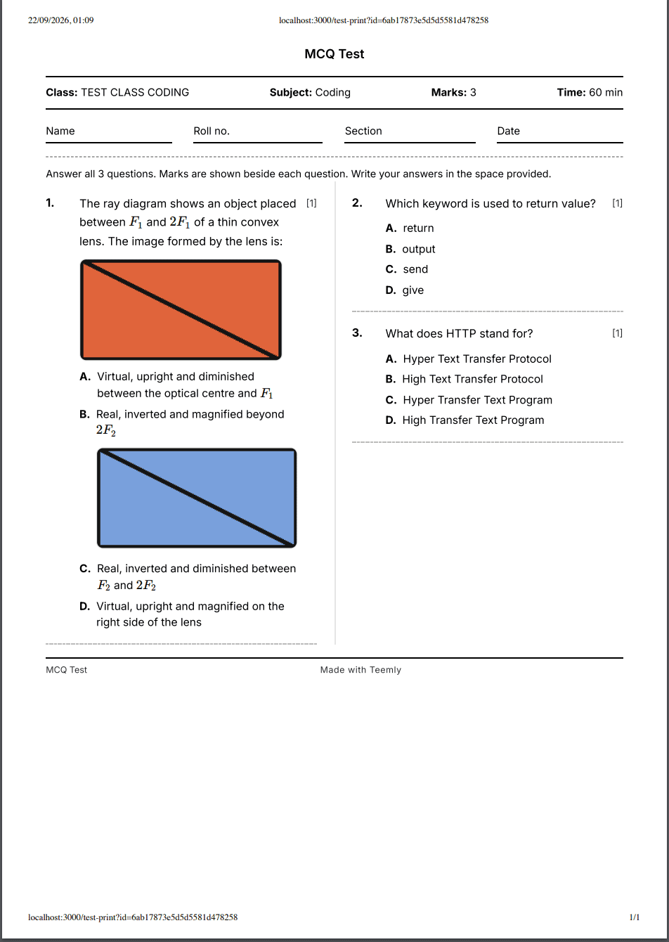 The same test printed as a question paper: a header carrying class, subject, marks and time, ruled spaces for name, roll number, section and date, and the questions set out in two columns with their figures