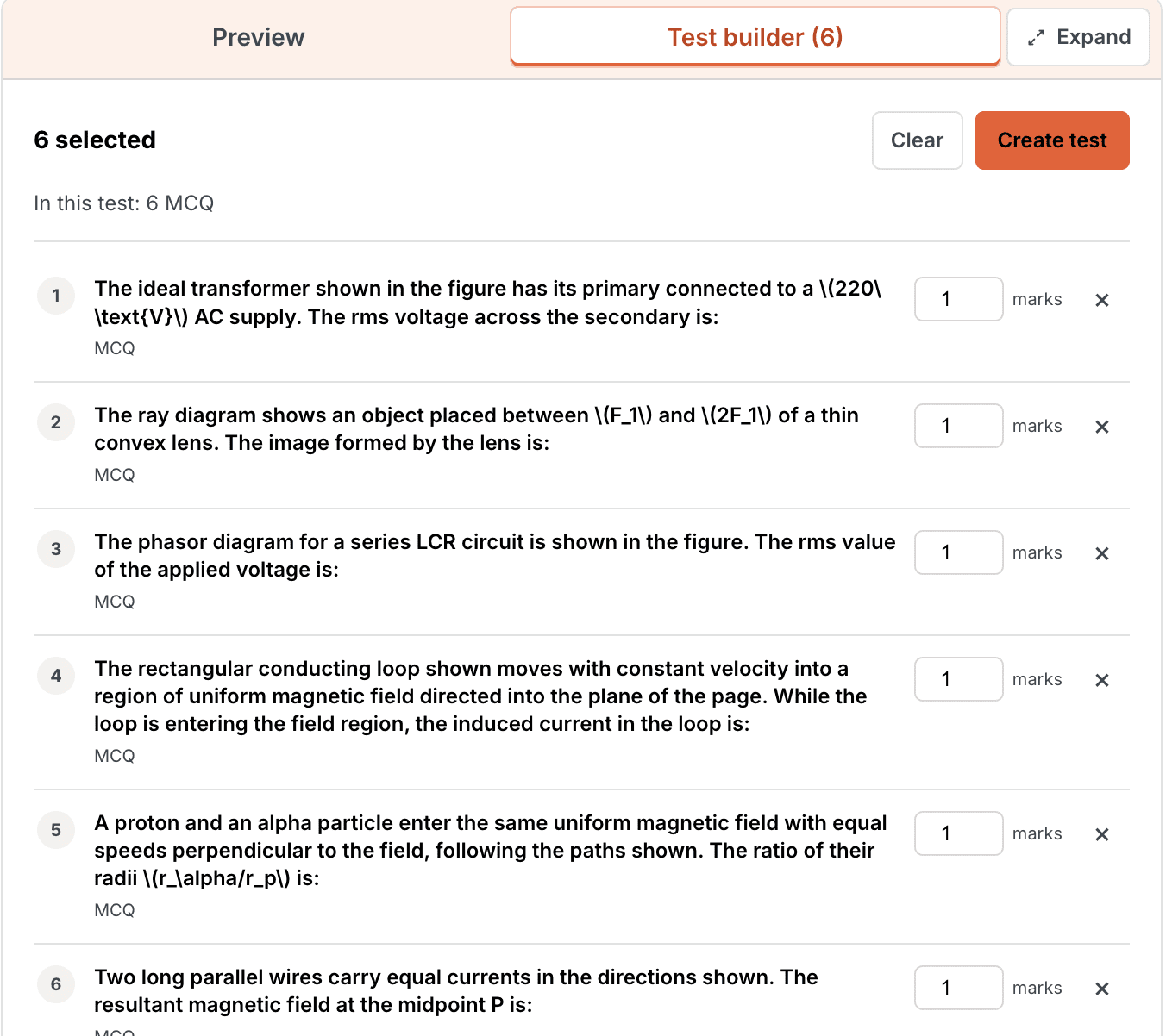 The test builder with six questions selected, each listed with its type and a marks box, above a Create test button.