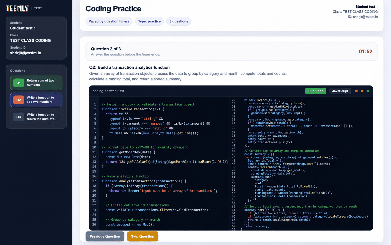 A student's coding question open in the browser, the problem stated above a two-column code editor with a Run Code button and a question timer counting down.
