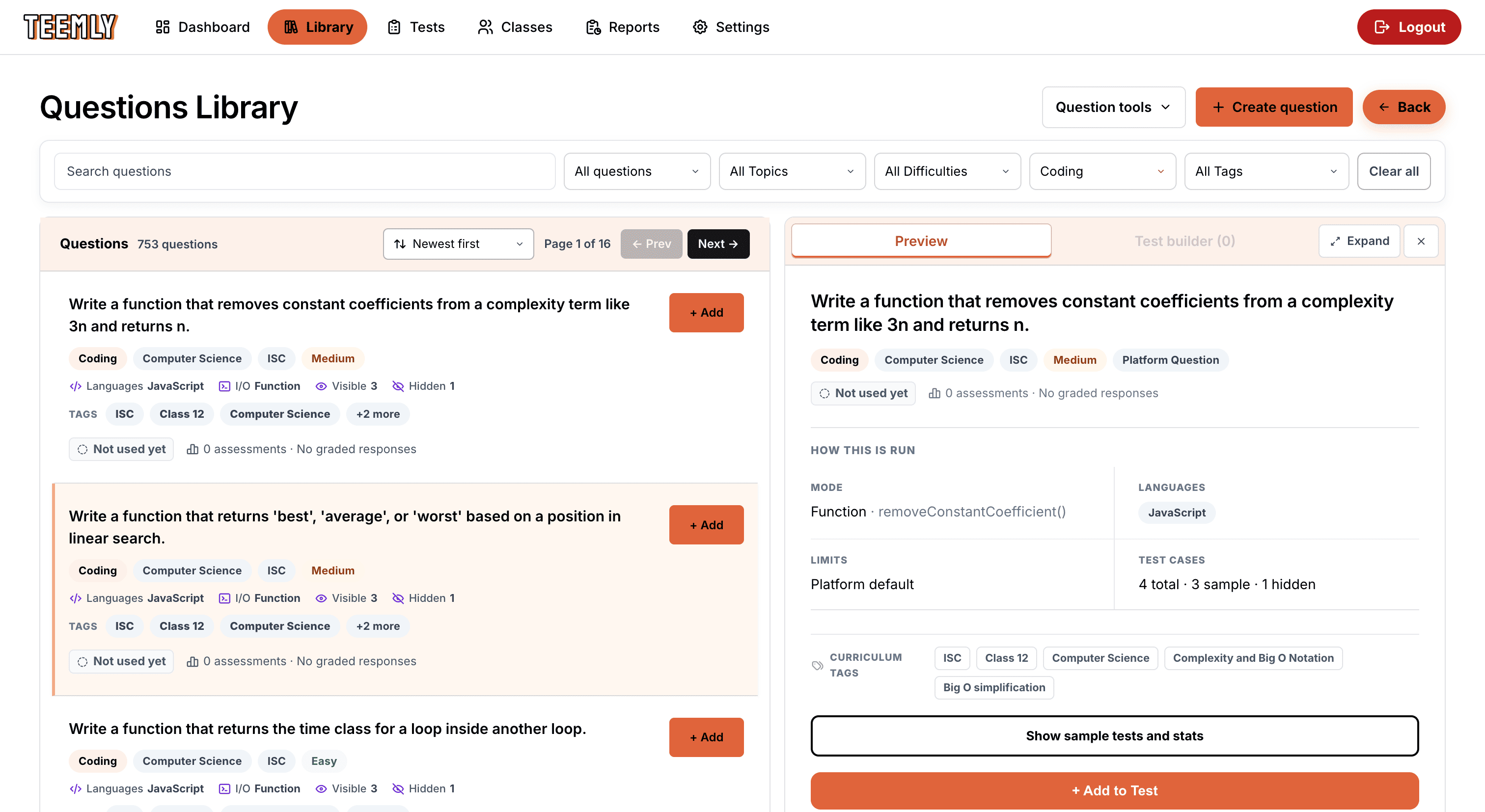 The question library: 753 questions filtered by topic, difficulty and tag, each listing its language, test cases and whether it has been used yet, with one question previewed beside the list.