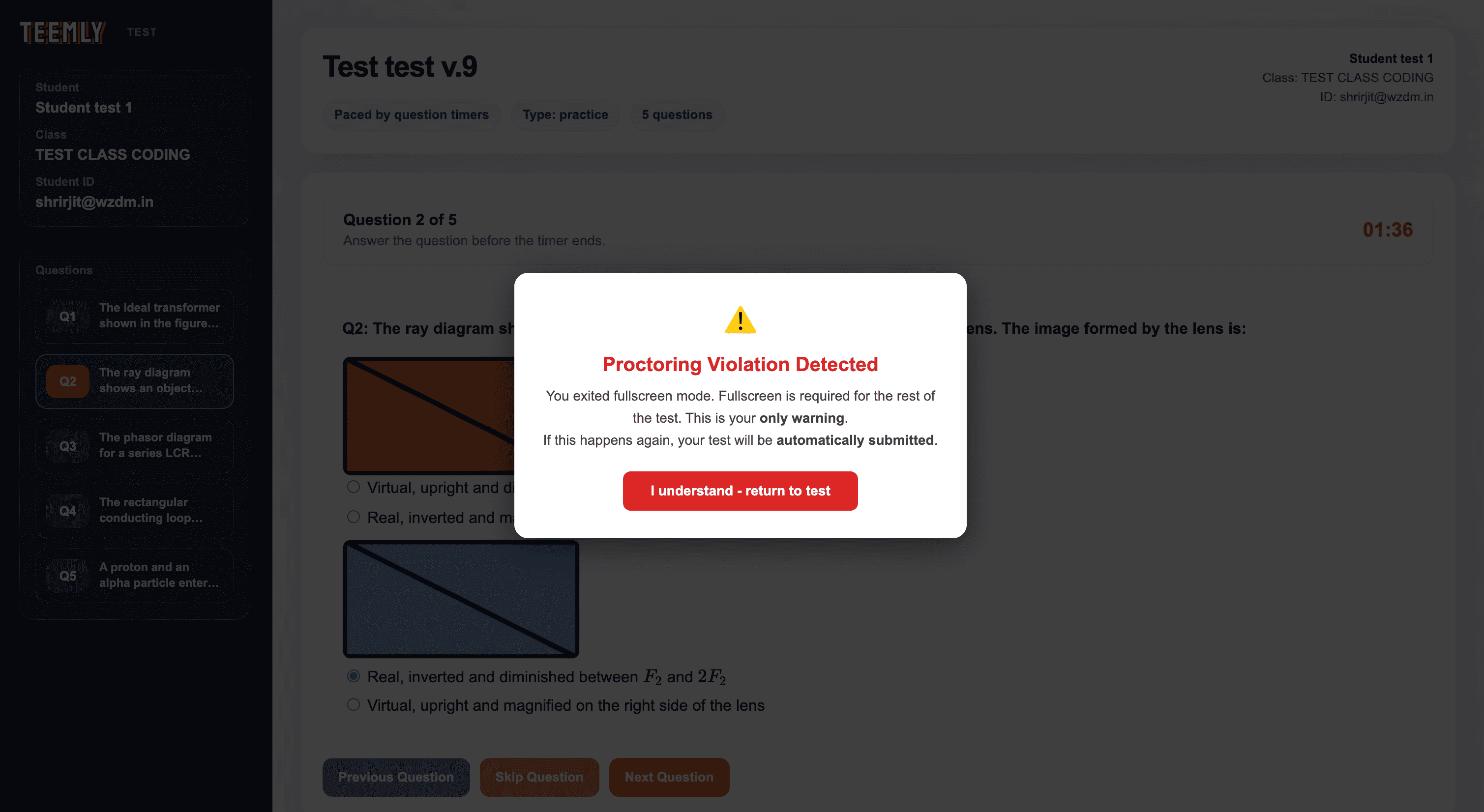 A student's test screen dimmed behind a warning that a proctoring violation was detected: fullscreen was exited, and a second time will submit the test automatically.